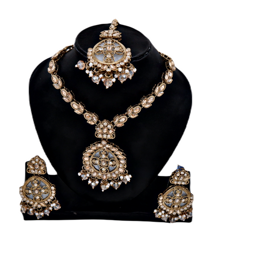 NK-10017 Gold Tone Kundan Necklace Earring Maangtikka & Ring Set For Women and Girls