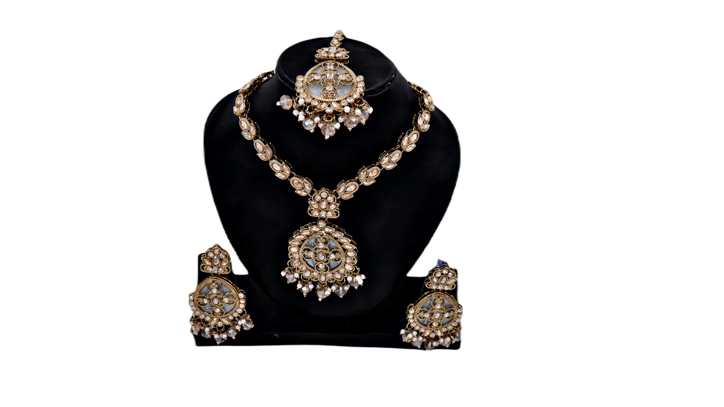 NK-10017 Gold Tone Kundan Necklace Earring Maangtikka & Ring Set For Women and Girls