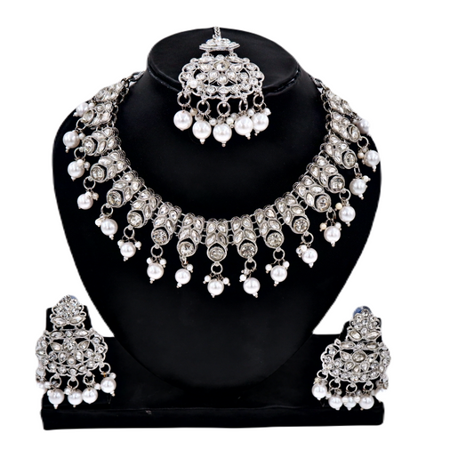 NK-10018 Sliver Tone Kundan Necklace Earring Maangtikka & Ring Set For Women and Girls