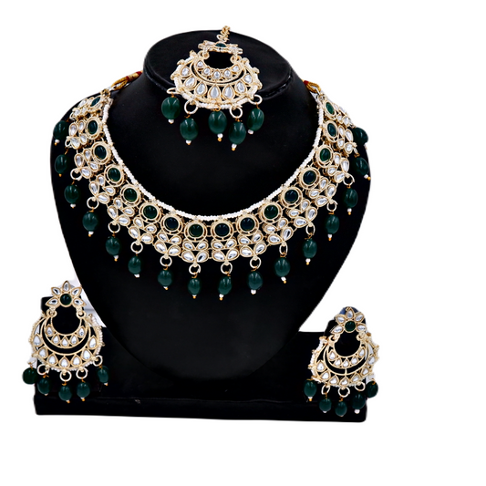 NK-10016 Fashion Green Kundan Stylish Necklace Earring Maangtikka & Ring Set For Women and Girls