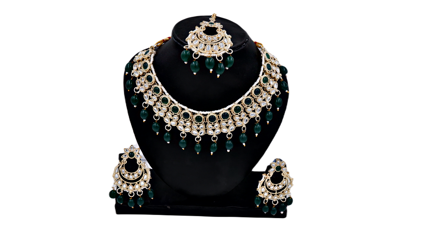 NK-10016 Fashion Green Kundan Stylish Necklace Earring Maangtikka & Ring Set For Women and Girls