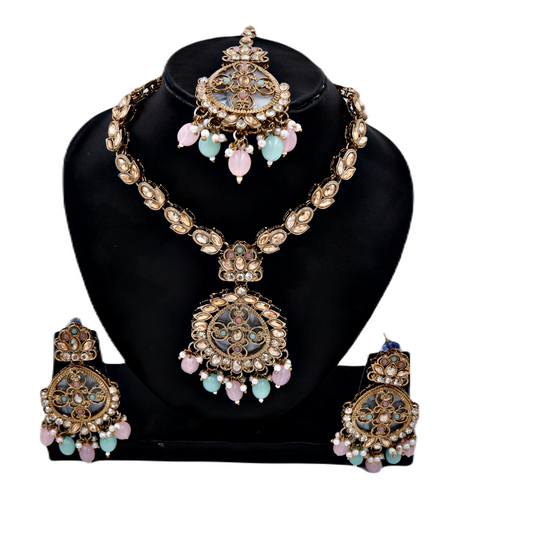 NK-10019 Gold Tone Kundan Necklace Earring Maangtikka & Ring Set For Women and Girls