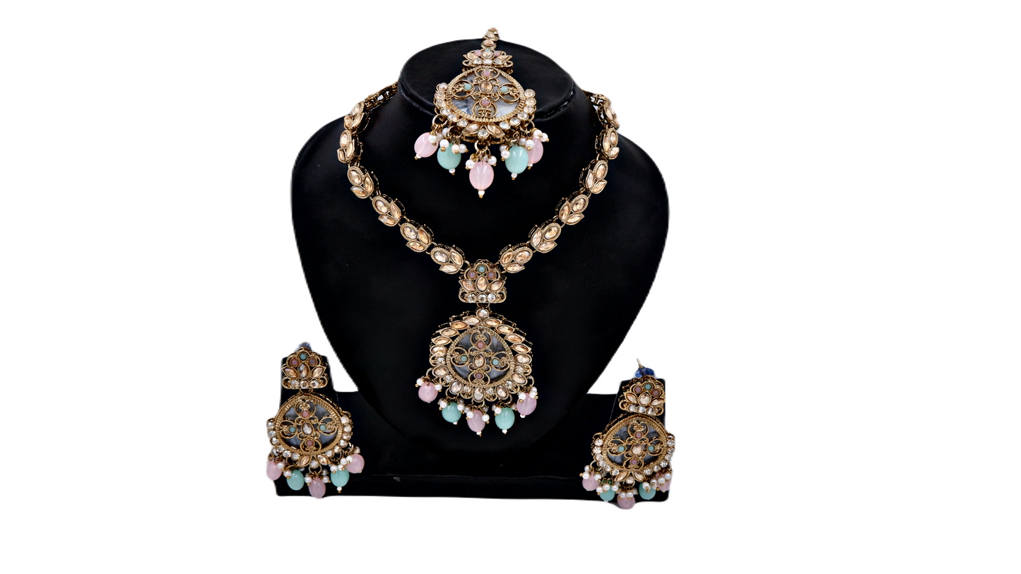 NK-10019 Gold Tone Kundan Necklace Earring Maangtikka & Ring Set For Women and Girls